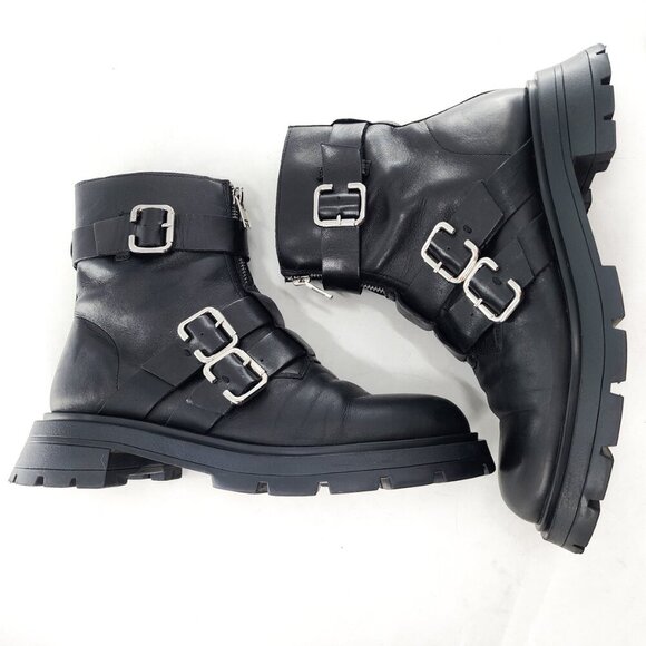 ZARA Leather Combat Moto Biker Ankle Boots ack Zip Buckles Black - Picture 8 of 10